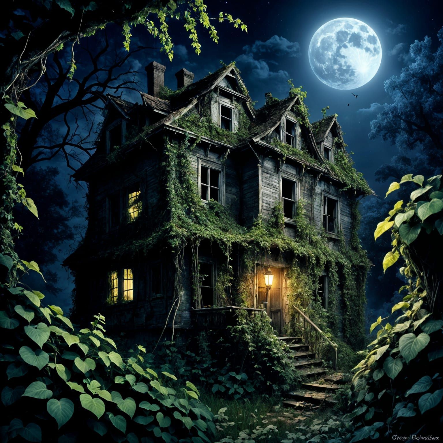Eerie Overgrown House by Moonlight
