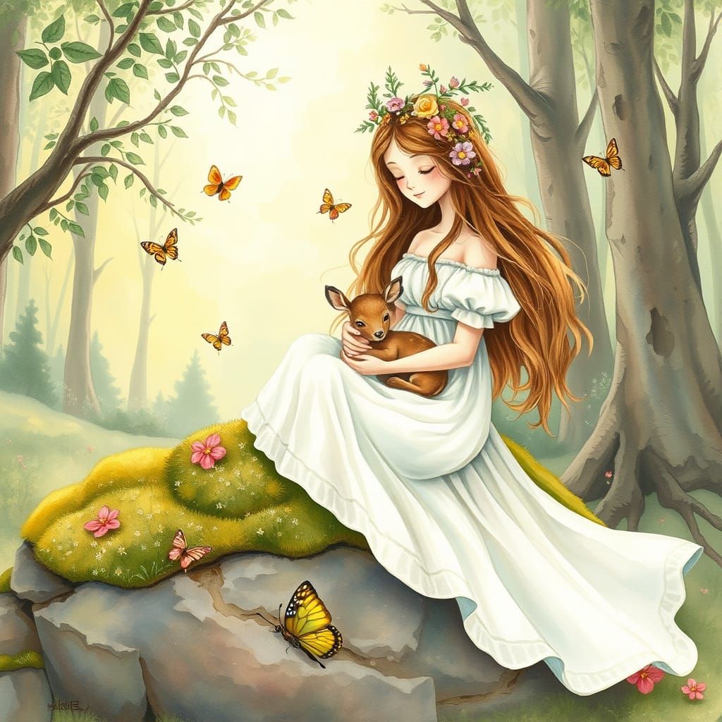 Whimsical Woman with Deer in Sun-Dappled Forest