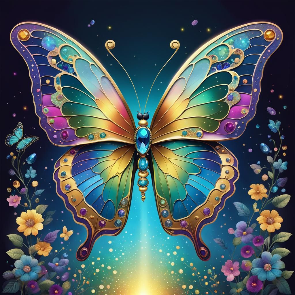 Gemstone Butterfly on Lily: Digital Illustration