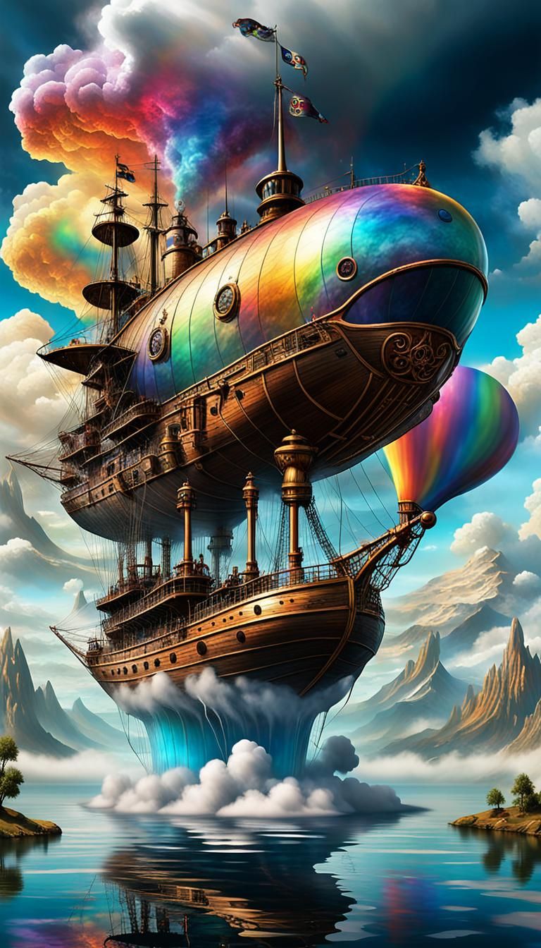 Steampunk Pirate Ship Emerges from Colorful Fluid Lake