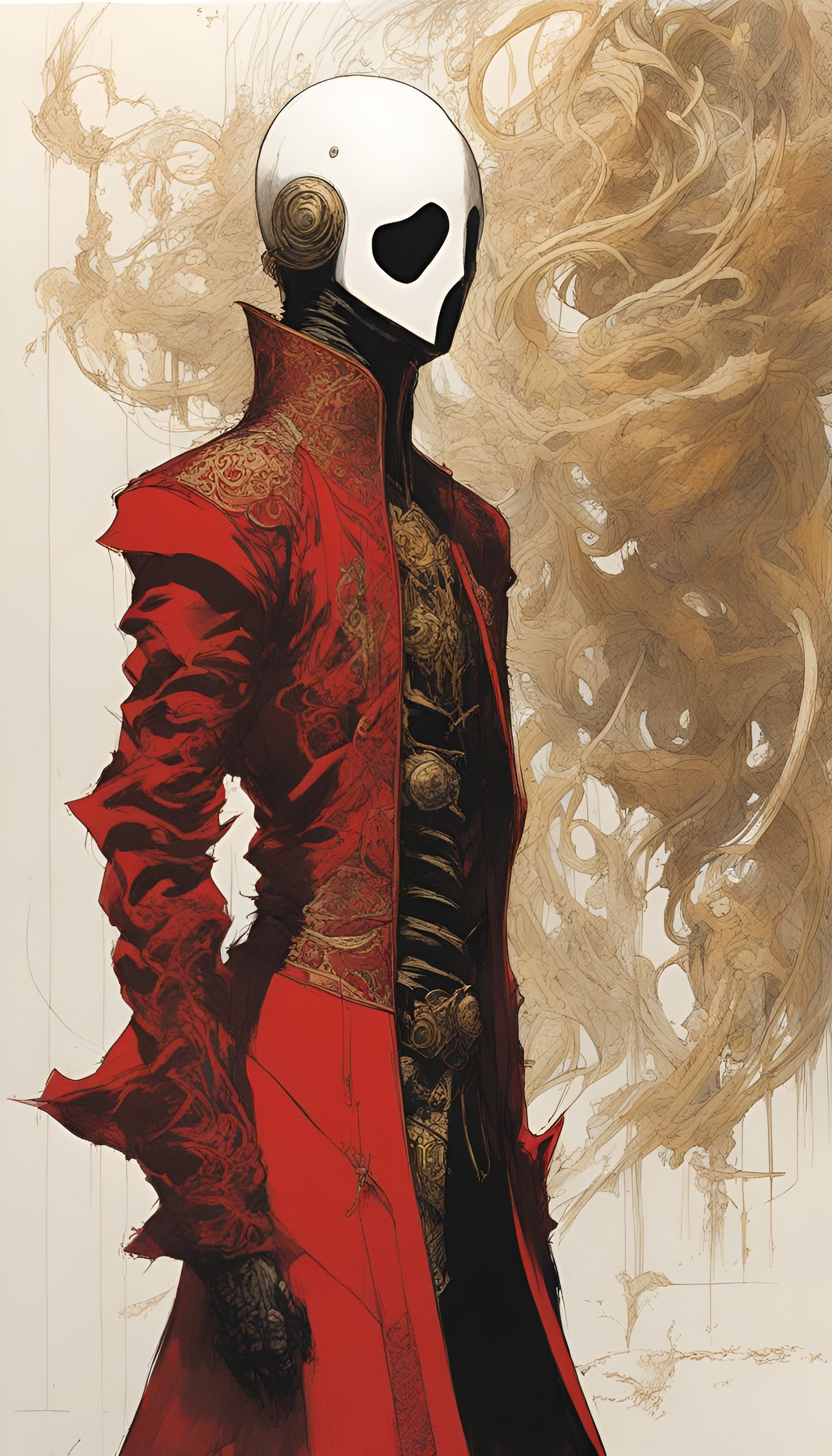 Faceless Figure with Intricate Ruby and Gold Jacket