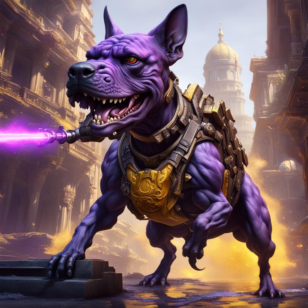 Hyperdetailed Dino-Dog with Gun in Dark Fantasy Style