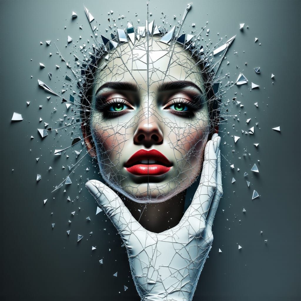 Beautiful Female Hand Holding Shattered Mirror Shard in Dyst...