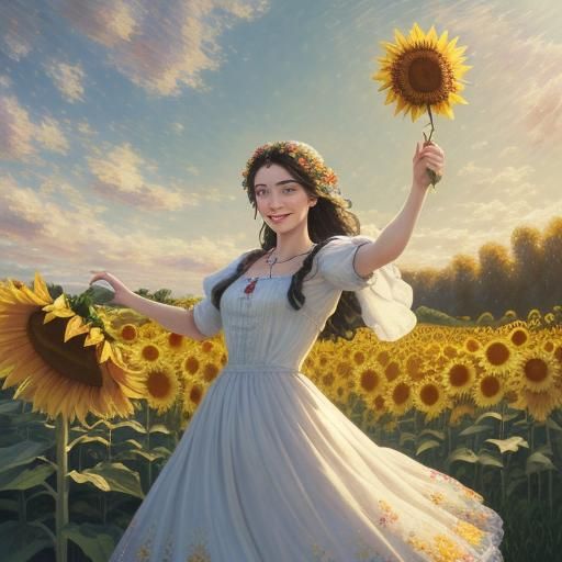 Hippy snow white
Sunflowers all around intricate details, HDR, beautifully shot, hyperrealistic, sharp focus, 64 megapi...