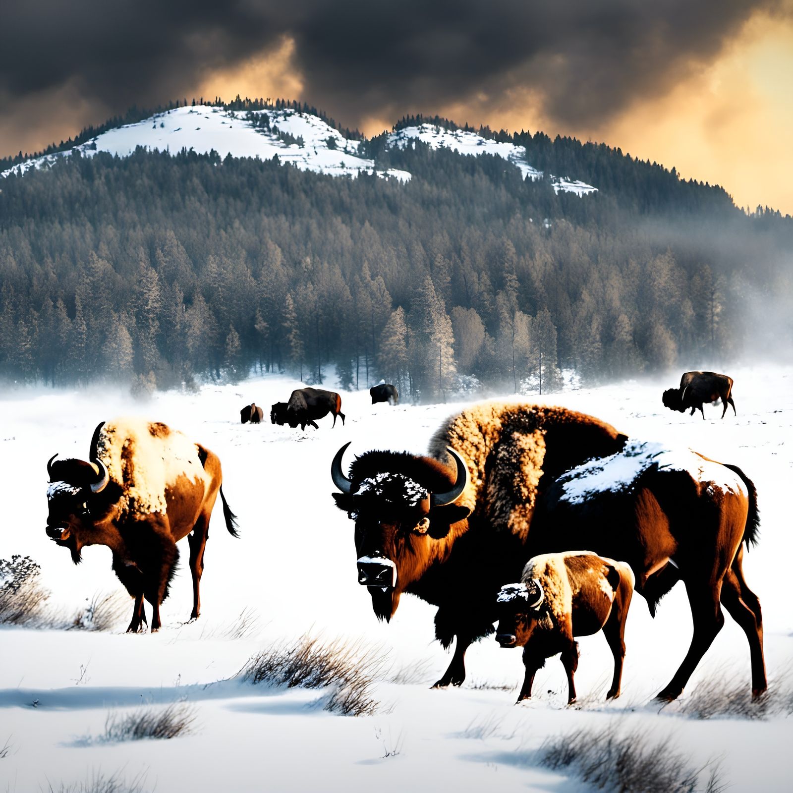 Wild Buffalo Herd Grazing in Snowy Black Hills