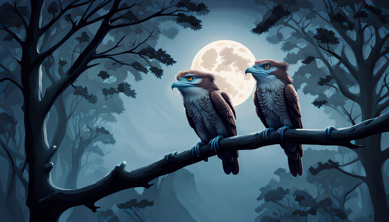 Mystic Frogmouth Birds in Moonlit Forest