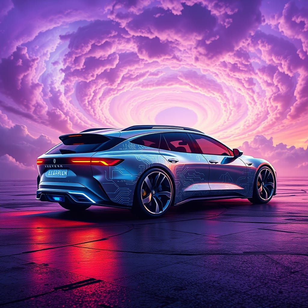 Futuristic Electric Station Wagon in Metallic Silver and Iri...