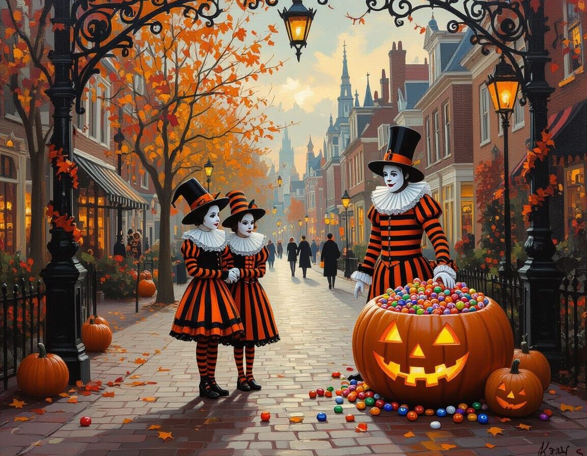 Halloween Town Square with Mime Couple and Pumpkin