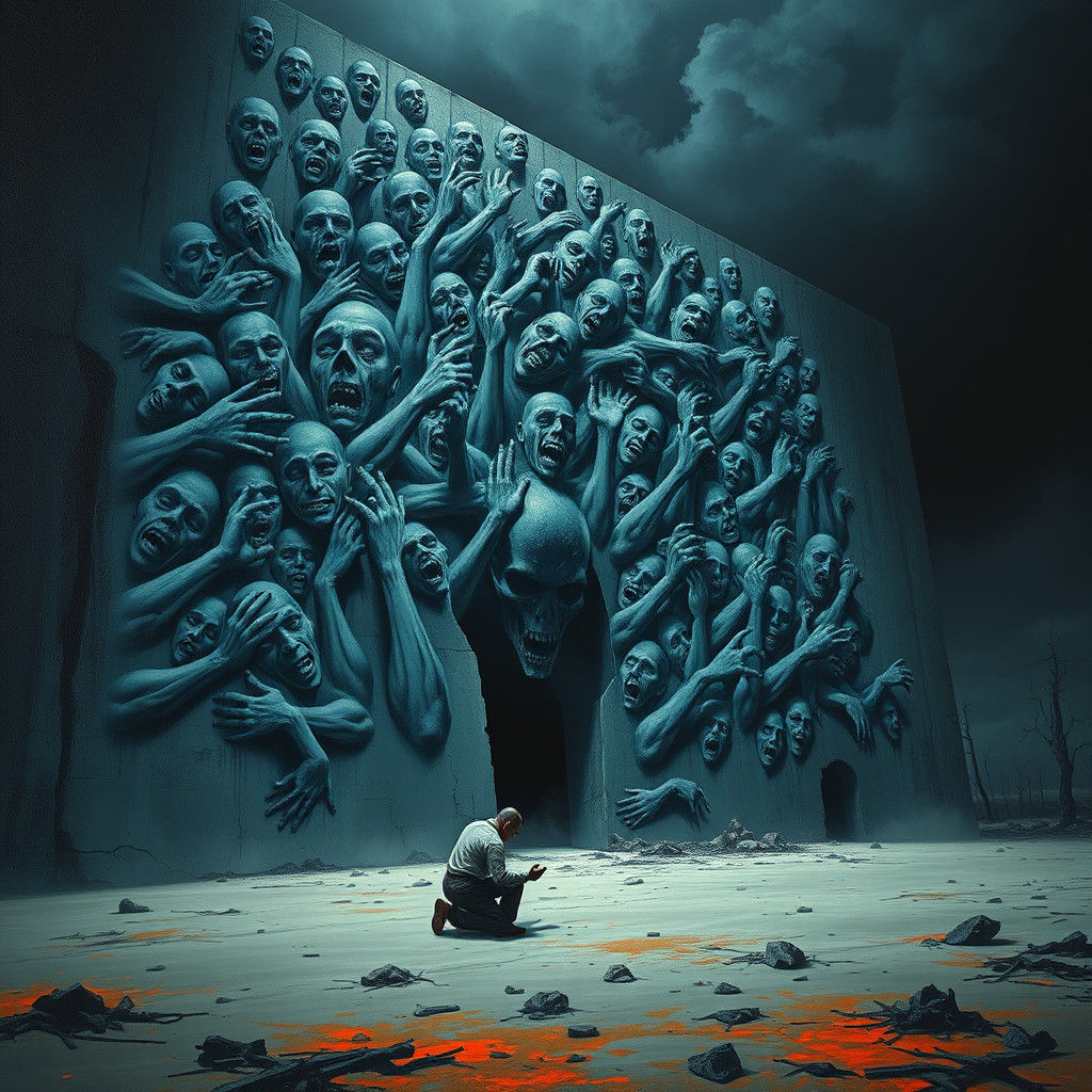 Distraught Man Before Wall of Souls