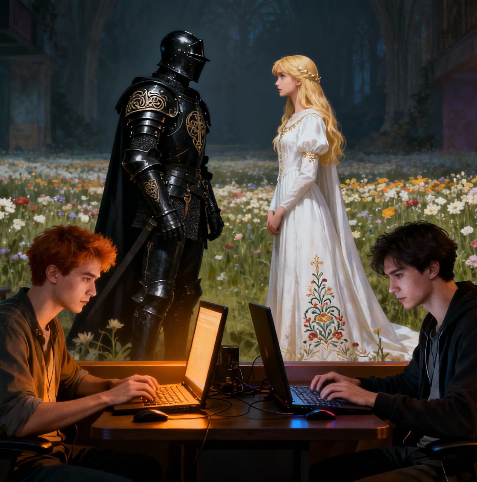Fantasy Knights and Cafe Patrons in Intricate Digital Art
