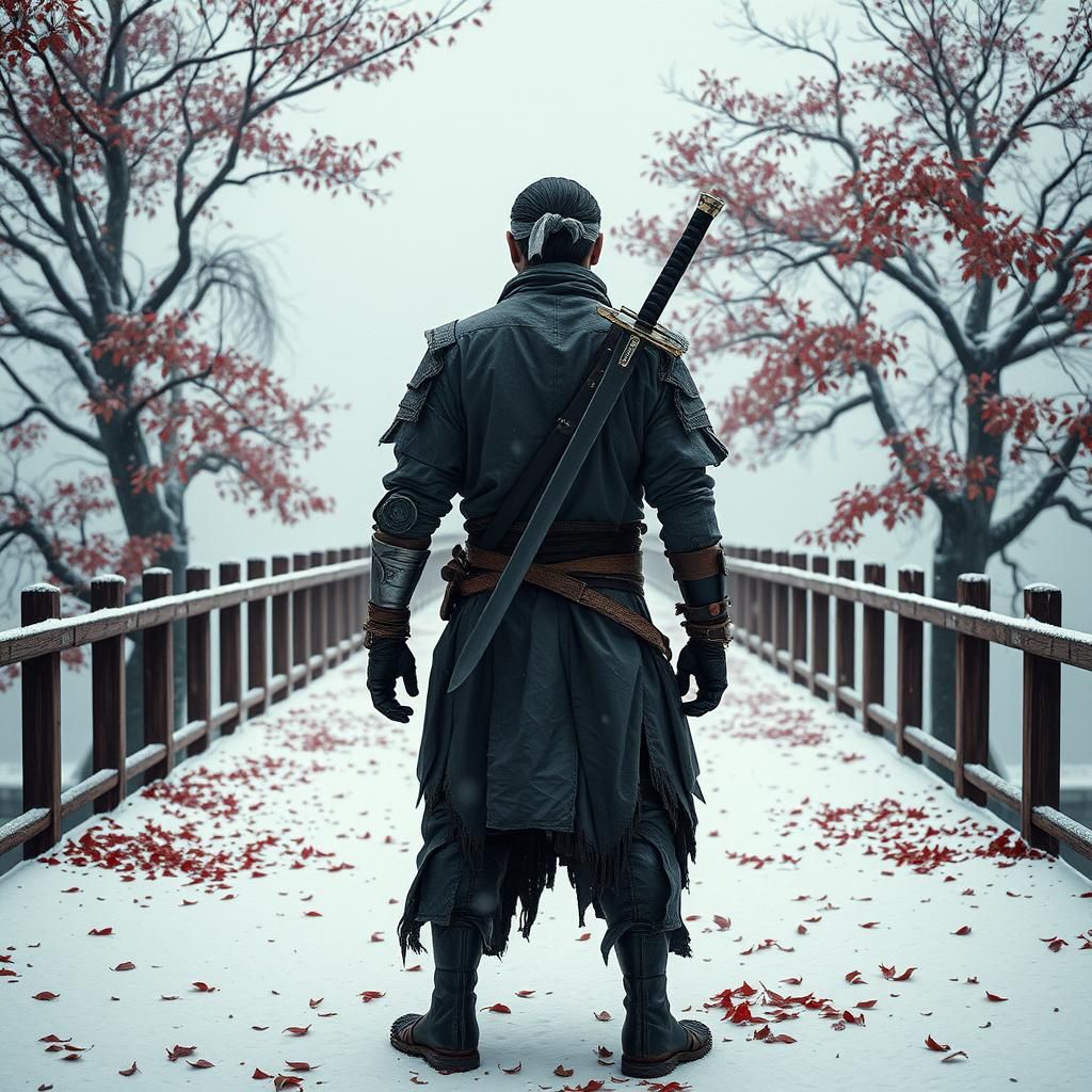 Snowy Bridge Ninja in Japan: Cinematic Film Still