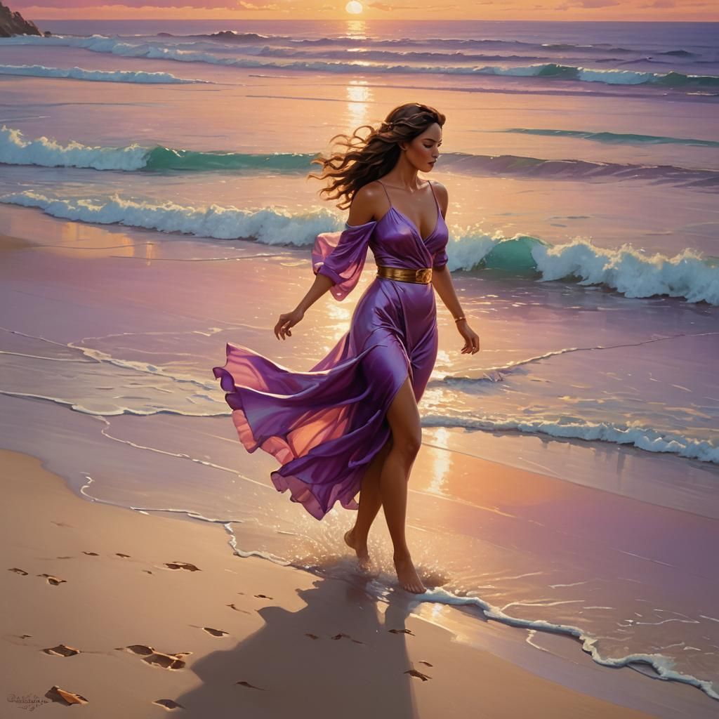 Tropical Sunset Beach Stroll: Voluptuous Woman
