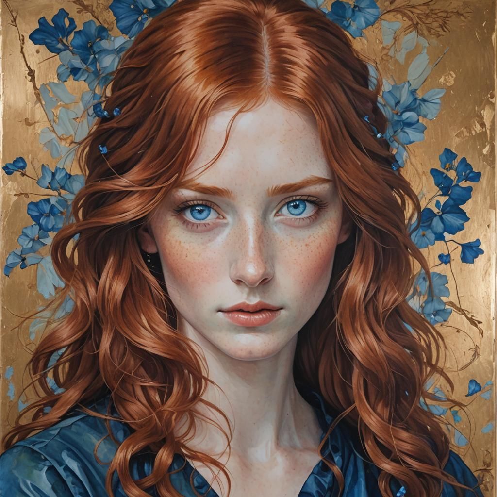 Red Haired Woman with Blue Eyes in Raphaelite Style