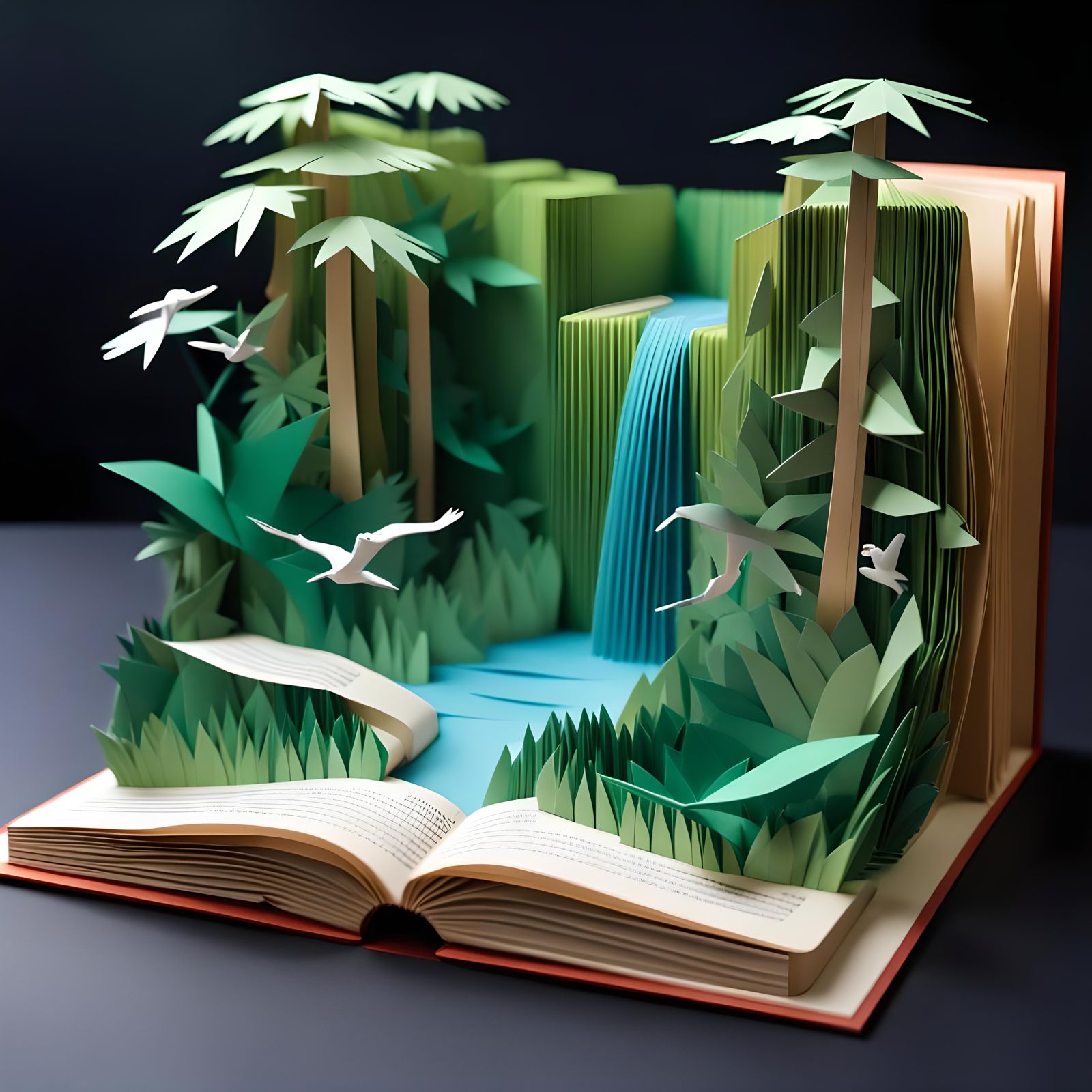 3D Papercraft Book with Miniature Jungle Waterfall
