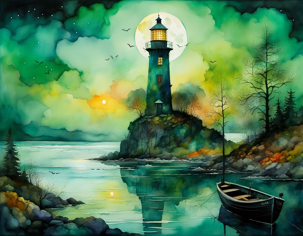 Eerie Ghost Ship at Lighthouse in Watercolor Style