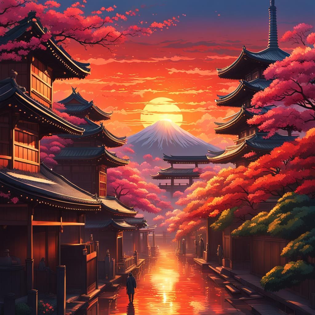 Epic Sunset Over Japan: Hyperrealistic Splash Art