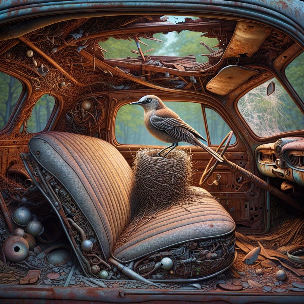 Bird's Nest in Rusted Car: Intricate Pre-1912 Art