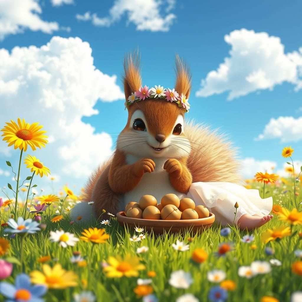 Whimsical Girl and Squirrel Feast in Vibrant Meadow