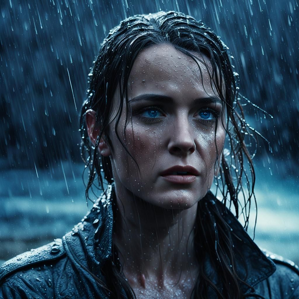 Brunette Woman in Rain: Cinematic Hyper-Realism