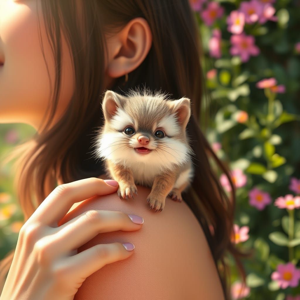 Woman with Fluffy Creature in Delicate Digital Art