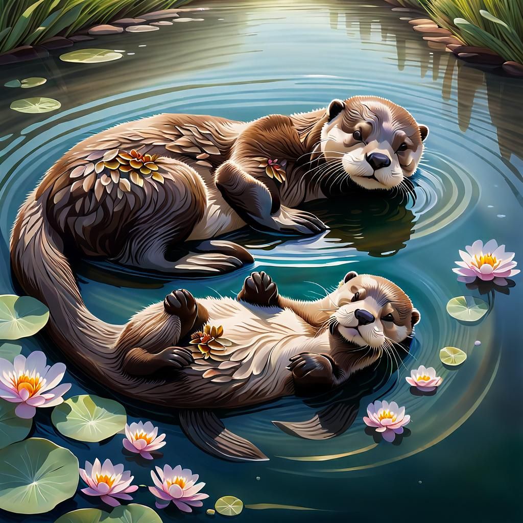 Mom and Baby Otter Taking a Bath