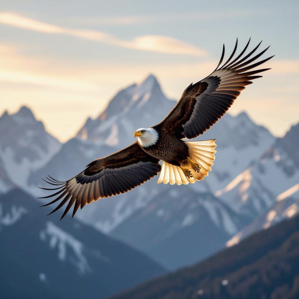 Majestic Bald Eagle Soars in Hyperrealistic Mountain Scene