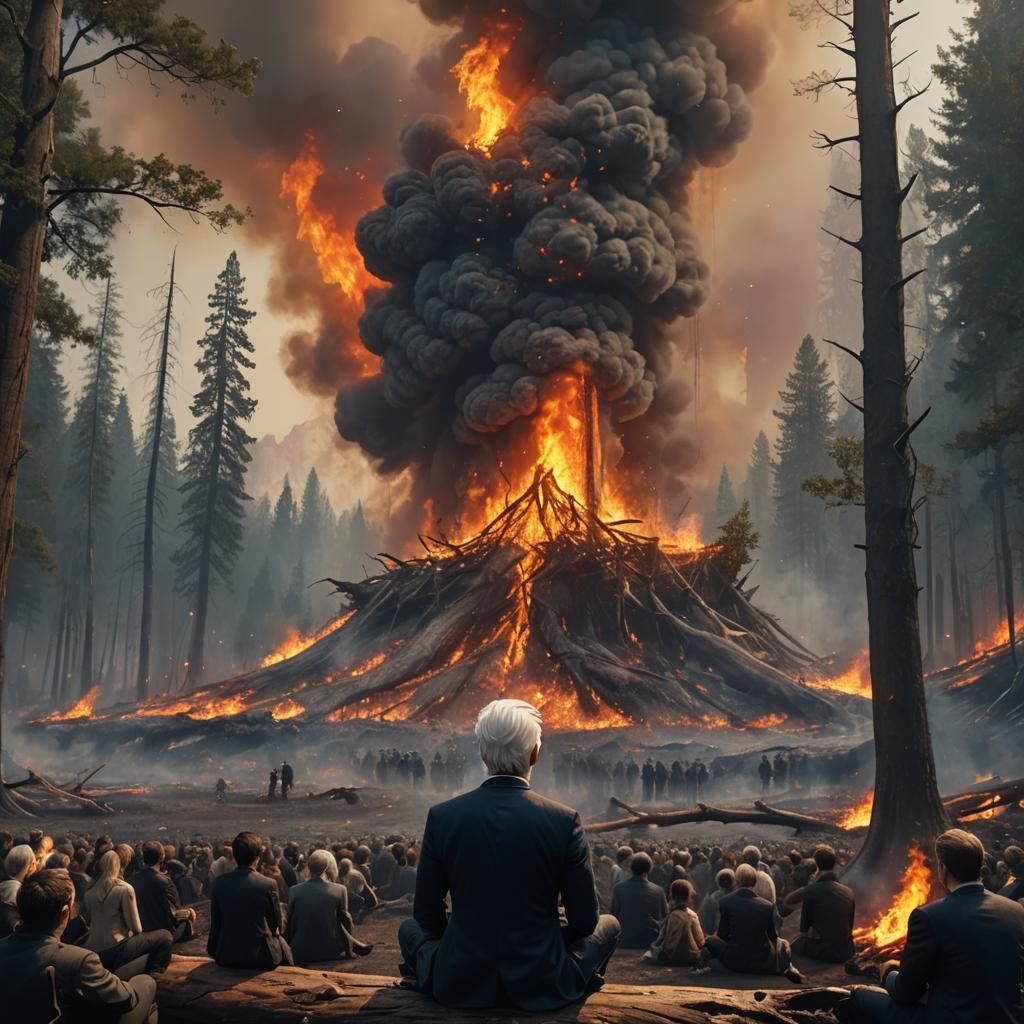 Man Watching Forest Fire in Detailed Matte Painting