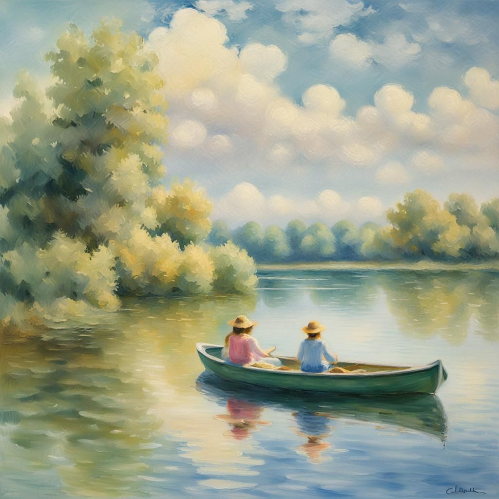 Girls in Boat: Impressionist Landscape Painting