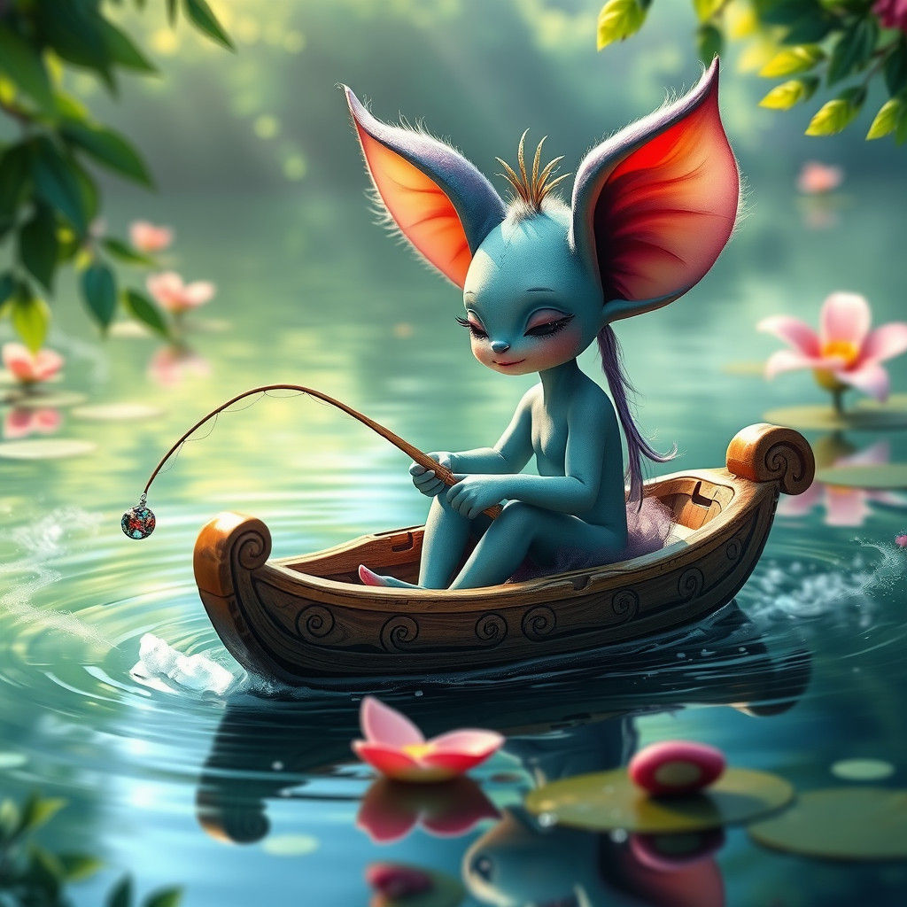 Whimsical Creature Fishing in Dreamlike Landscape