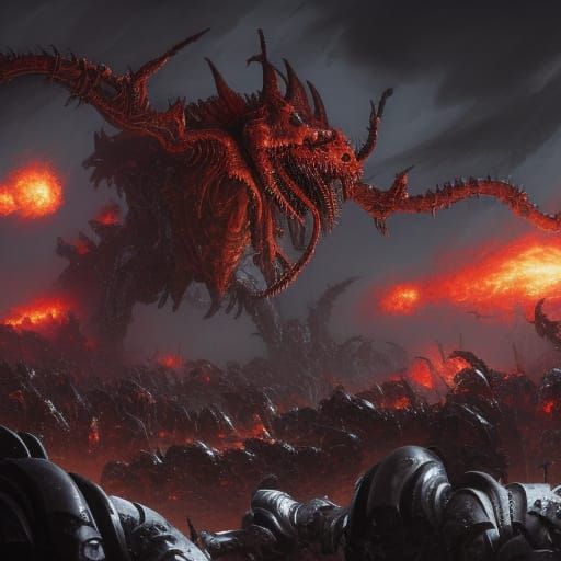 Deathwing Terminators vs Tyranid Hive Tyrant in Dark Fantasy