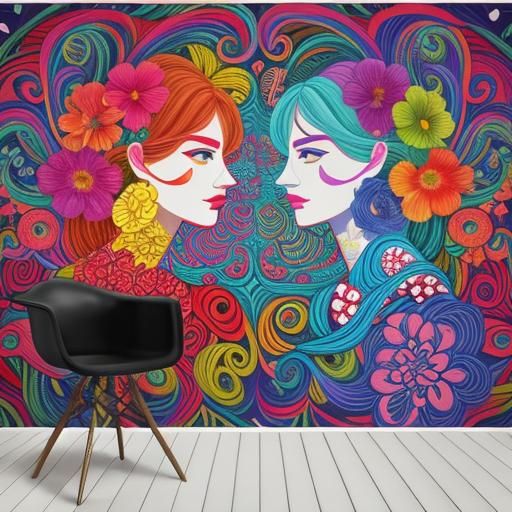 Vibrant Floral and Abstract Face Wall Mural