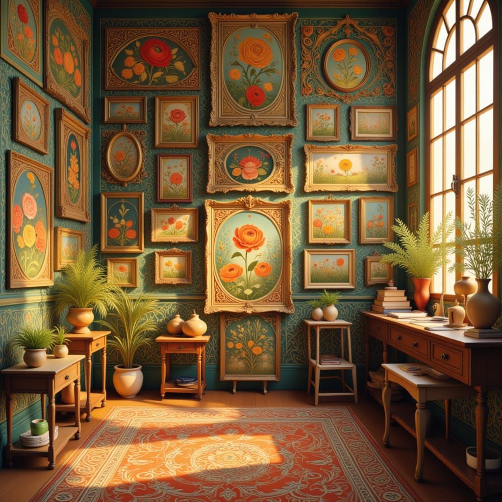 Folk Art Nouveau Studio Filled with Paintings