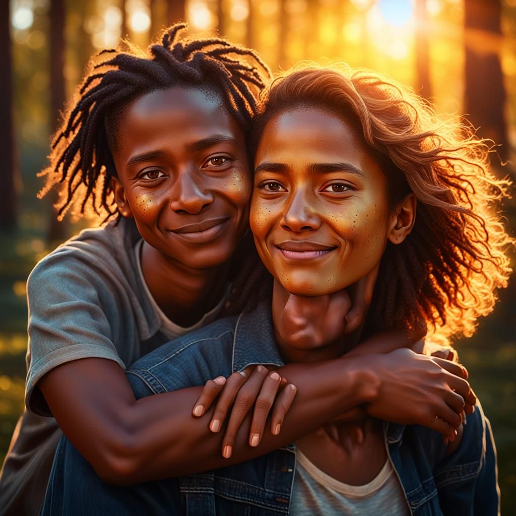 Friends Embracing: Golden Hour Digital Portrait