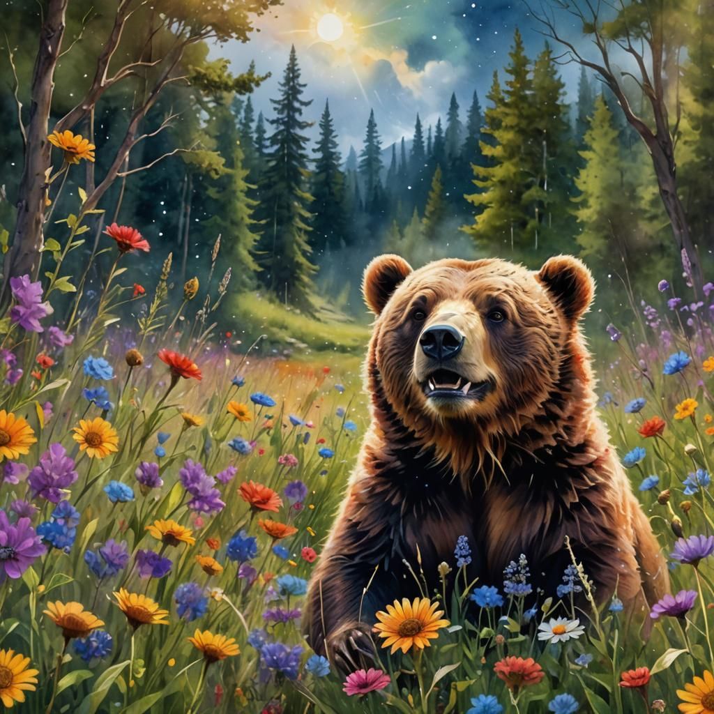 Cute Bear Smiles in Cosmic Meadow: Watercolor
