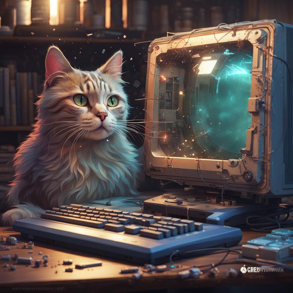 Cat in Retro Computer Screen, Digital Art