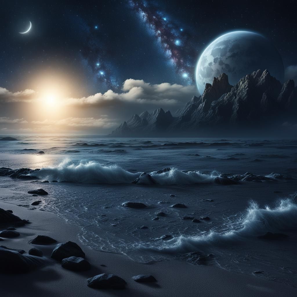 Mysterious Ocean at Night with Meteor and Moon