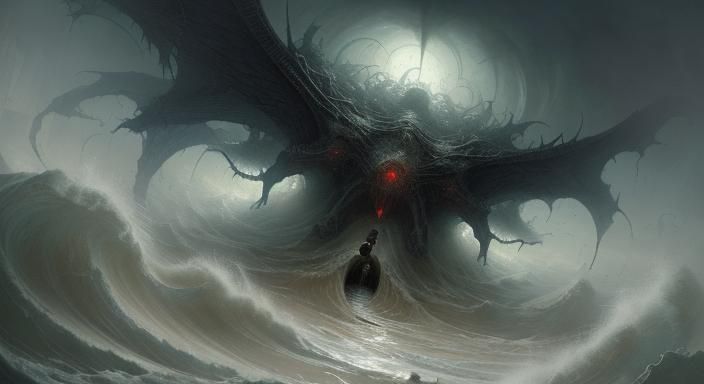 Surreal Horror Cityscape Under Darkening Floodwaters