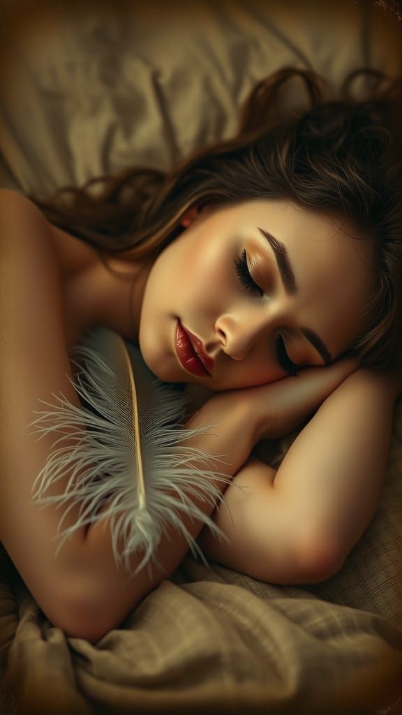 Ethereal Woman Sleeps on Feather in Sepia Tone