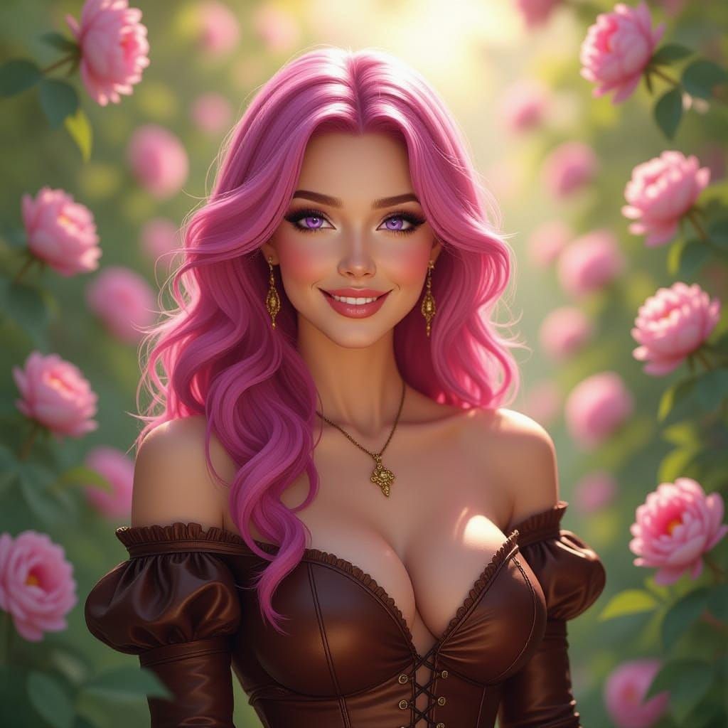 Woman in Leather Gown in Peony Garden, Alcohol Ink Style