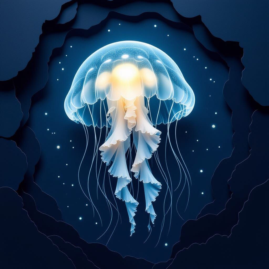 Bioluminescent Vellum Jellyfish in Dark Ocean Depths