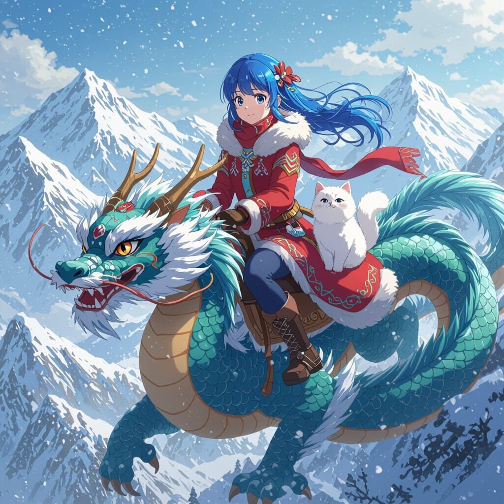 Anime Girl Rides Dragon with Cat in Snowy Scenery