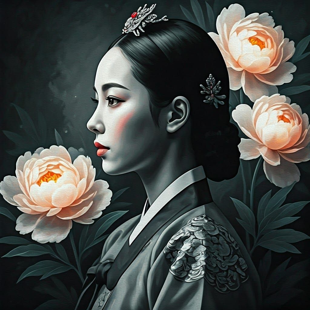Korean Queen Portrait with Glowing Peonies