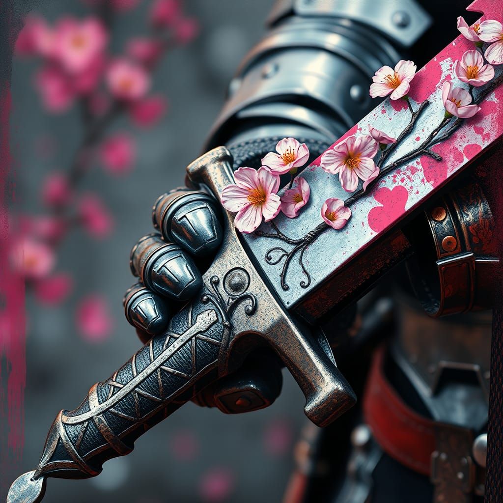 Knight Grasping Blossom Sword in Basquiat Graffiti Style