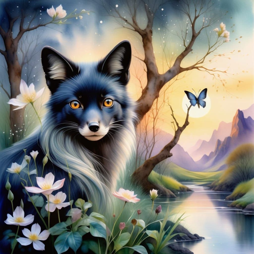 Serene Silky-Black Fox in Watercolor Landscape