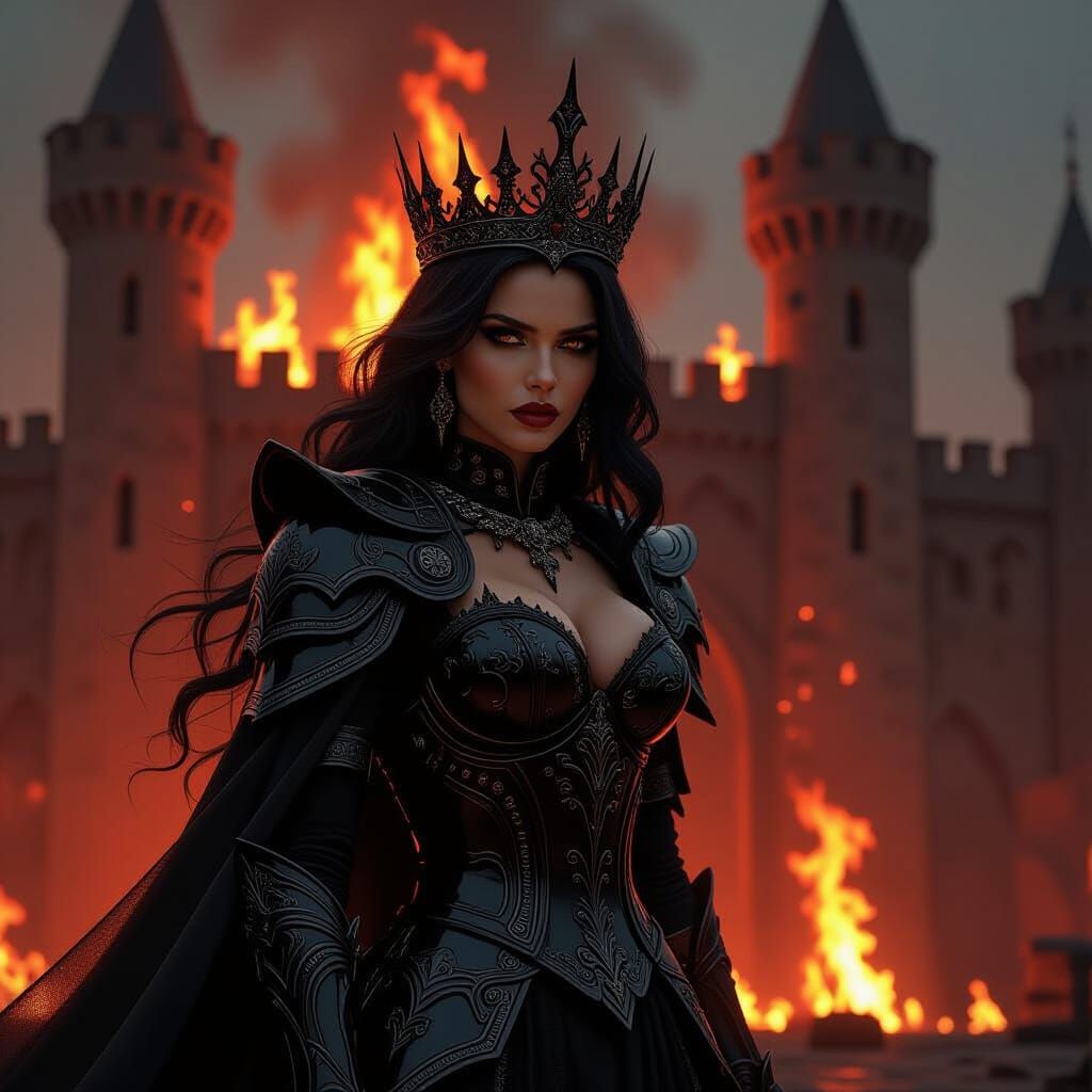 Queen of Shadows Before Burning Castle in Dark Fantasy