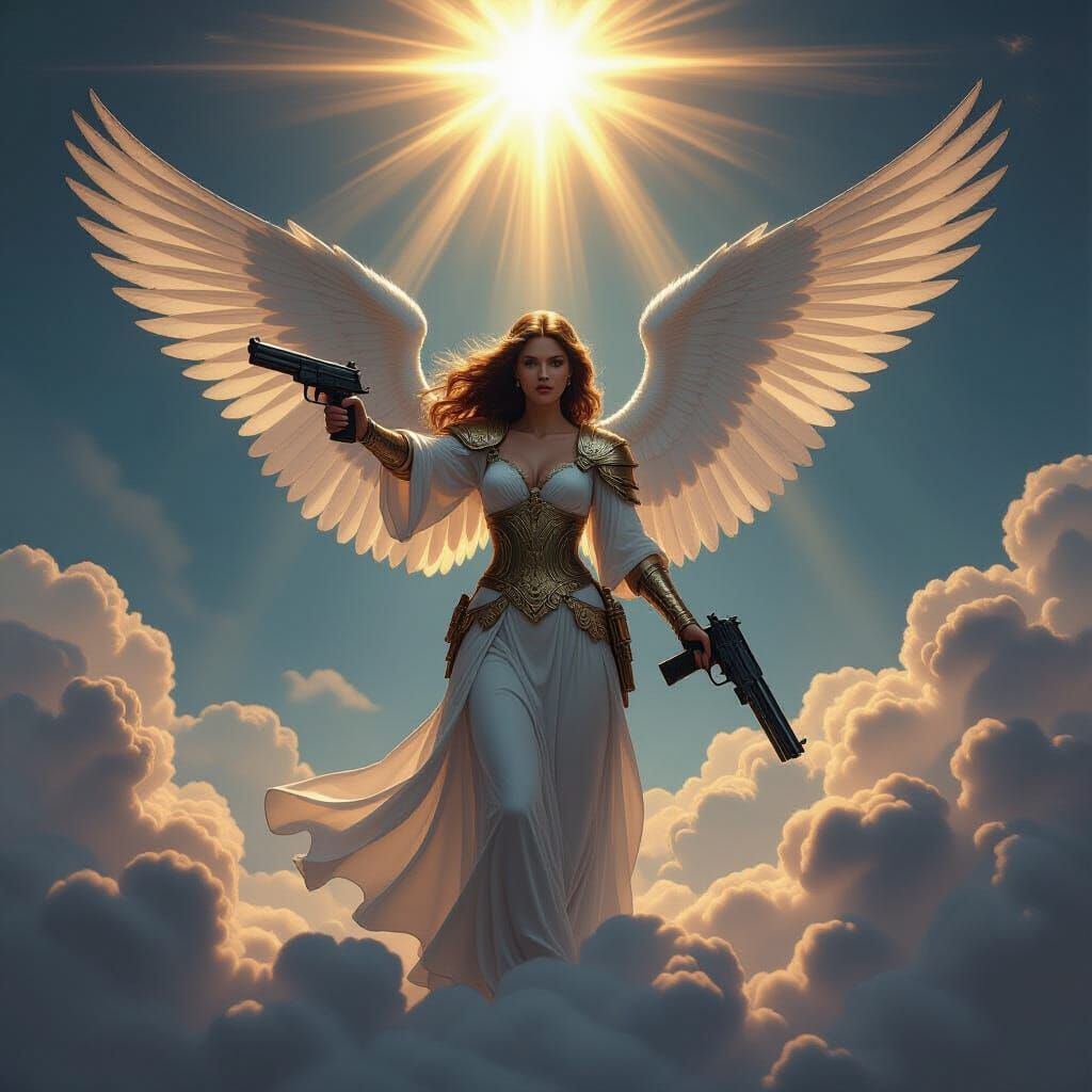 Celestial Angel with Handgun in Divine Light