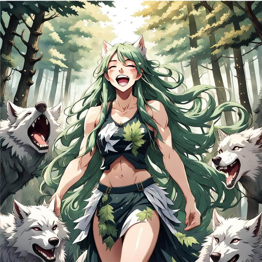 Woman with Green Hair Petting Wolves in Anime Style