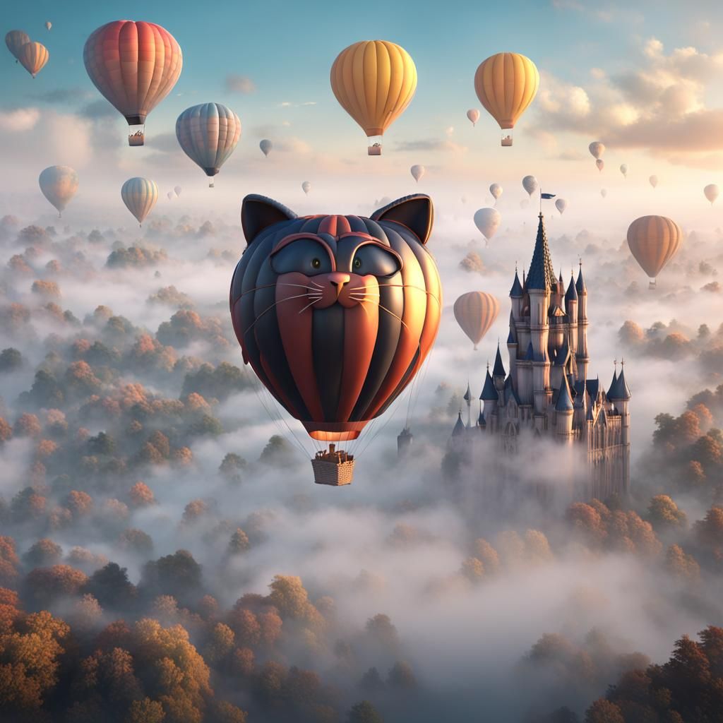Cat-Eared Hot Air Balloon in Fog: Fantasy Art