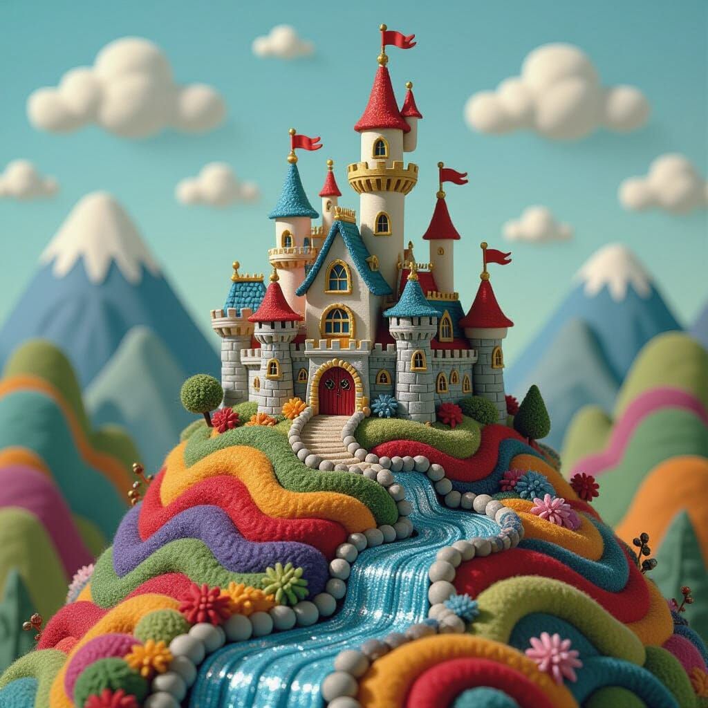 Whimsical Claymation Castle on Felt Mountain