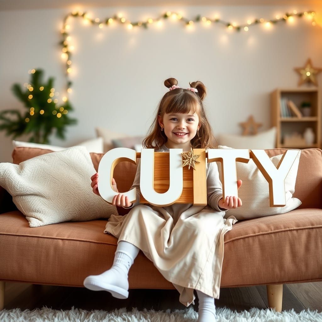 A Happy Little Girl with a Cozy Wooden Sign in a Warm Living...